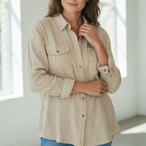 Laura Scott Beige Striped Button-Down Shirt